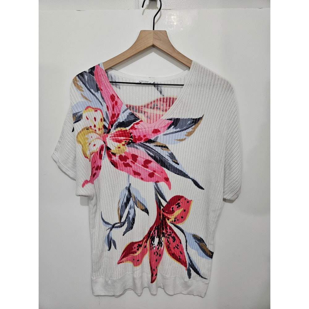 Chicos White Floral Lily V-Neck Knit Sweater Short Sleeve Ribbed‎ Cotton Rayon